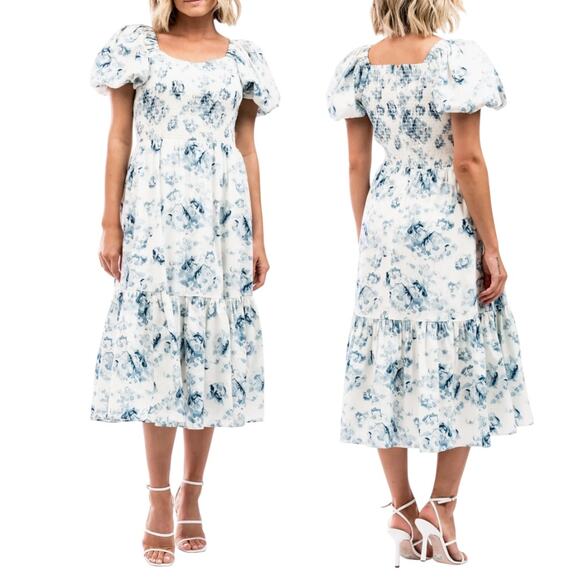 Rachel Parcell Dresses & Skirts - Rachel Parcell Blue Floral White Puffed Sleeve Shirred Tiered Midi Dress M